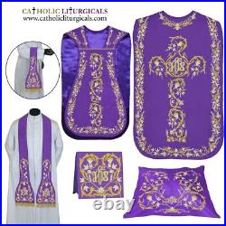 PURPLE Roman Chasuble Fiddleback Vestment & 5 pcs mass set IHS embroidery, FELT