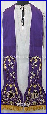 PURPLE Roman Chasuble Fiddleback Vestment & 5 pcs mass set IHS embroidery, FELT
