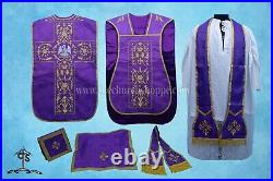 Pelican embroidery- Violet Roman Chasuble Fiddleback Vestment and Mass set