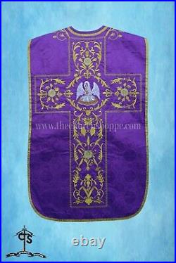 Pelican embroidery- Violet Roman Chasuble Fiddleback Vestment and Mass set