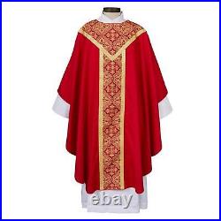 Printed Gothic RED Chasuble Weave Polyester with Gold Lace Trim Size59 x 51 L