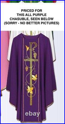 Purple Embroidered Chasuble & Stole, GOLD THREAD FRONT & BACK Meshwork Chi Rho