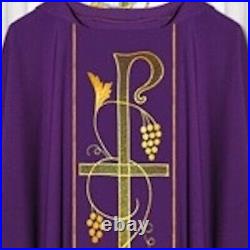 Purple Embroidered Chasuble & Stole, GOLD THREAD FRONT & BACK Meshwork Chi Rho