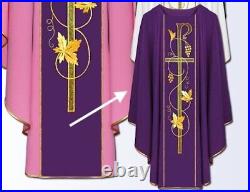 Purple Embroidered Chasuble & Stole, GOLD THREAD FRONT & BACK Meshwork Chi Rho