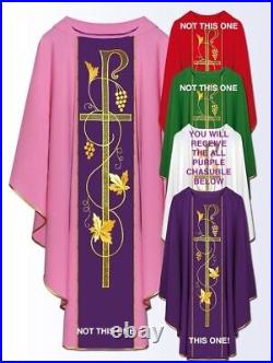 Purple Embroidered Chasuble & Stole, GOLD THREAD FRONT & BACK Meshwork Chi Rho