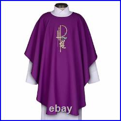 Purple Eucharistic Chasuble with Chi Rho, Grapes, and Wheat Embroidered Design