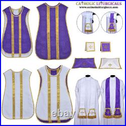 Purple and White REVERSIBLE Travel Spanish Fiddleback Vestment with 5pc mass set