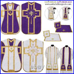 Purple and White Reversible Travel Fiddleback Vestment IHS with 5pc mass set