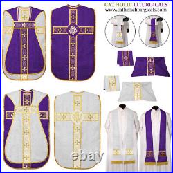 Purple and White Reversible Travel Fiddleback Vestment IHS with 5pc mass set