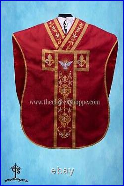 RED Chasuble. St. Philip Neri Style vestment & mass set, HOLY SPIRIT Embroidery