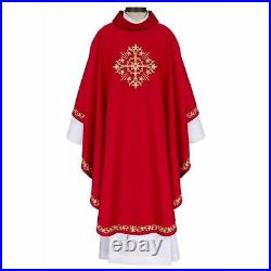 Red Holy Trinity Cross Chasuble with Gold-Toned Embroidered Edges, 59 In