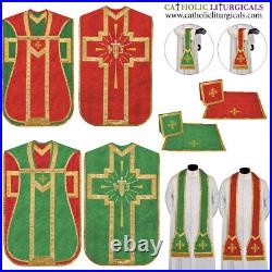 Red and Green Reversible Travel Fiddleback Vestment IHS with 5pc mass set