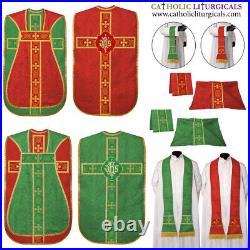 Red and Green Reversible Travel Fiddleback Vestment IHS with 5pc mass set