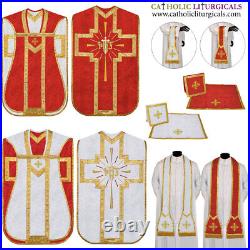 Red and White Reversible Travel Fiddleback Vestment IHS with 5pc mass set