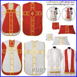 Red and White Reversible Travel Fiddleback Vestment IHS with 5pc mass set