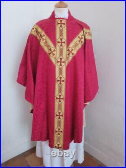 Red priest chasuble with matching stole, damask fabrics