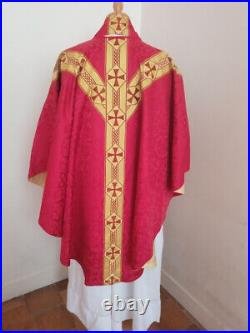 Red priest chasuble with matching stole, damask fabrics