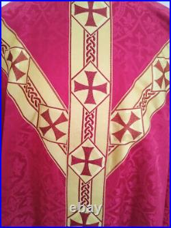 Red priest chasuble with matching stole, damask fabrics