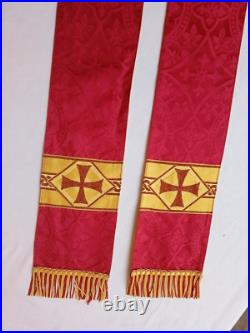 Red priest chasuble with matching stole, damask fabrics