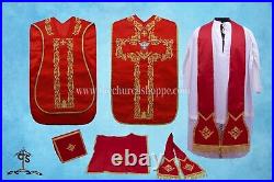 Roman Red Vestment Fiddleback Chasuble and Mass set, Holy Spirit embroidery