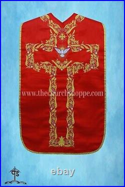 Roman Red Vestment Fiddleback Chasuble and Mass set, Holy Spirit embroidery