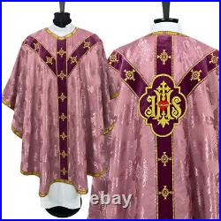Rose CHASUBLE with burse maniple and chalice veil, lined