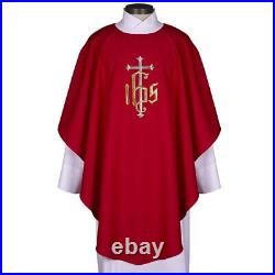 Round Neck IHS Cross Embroidered Chasuble and Stole Church Vestment Sets 51 In