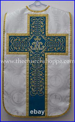 SILVER MARIAN Fiddleback Chasuble Mass Vestment WITH 5 PC SET FELT INTERLINED