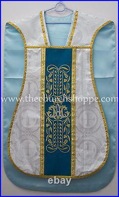 SILVER MARIAN Fiddleback Chasuble Mass Vestment WITH 5 PC SET FELT INTERLINED