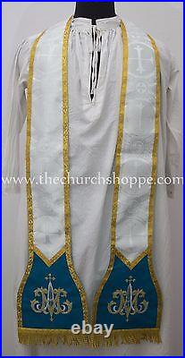 SILVER MARIAN Fiddleback Chasuble Mass Vestment WITH 5 PC SET FELT INTERLINED