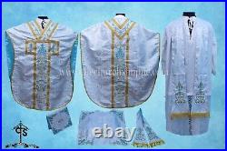 St. Philip Neri Style vestment & mass set METALLIC SILVER Chasuble, AM Embroidery