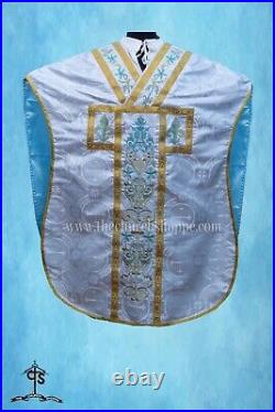 St. Philip Neri Style vestment & mass set METALLIC SILVER Chasuble, AM Embroidery