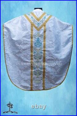 St. Philip Neri Style vestment & mass set METALLIC SILVER Chasuble, AM Embroidery