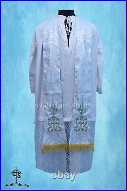 St. Philip Neri Style vestment & mass set METALLIC SILVER Chasuble, AM Embroidery