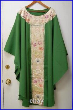 Vintage 46 Length Quality Green Church Priest Vestment Chasuble (#820)
