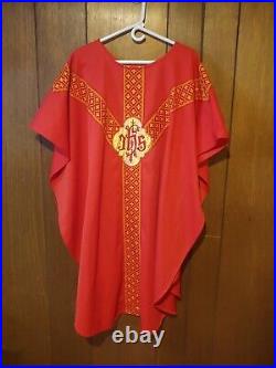 Vintage Handmade Red and Gold Chasuble Robe with IHS Vestments for Priest