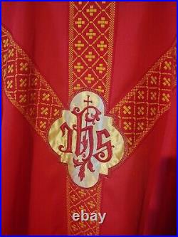 Vintage Handmade Red and Gold Chasuble Robe with IHS Vestments for Priest