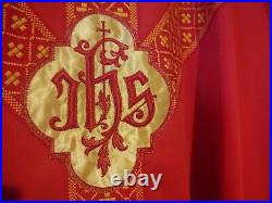 Vintage Handmade Red and Gold Chasuble Robe with IHS Vestments for Priest