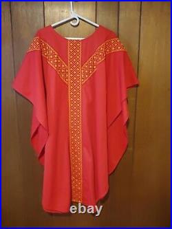 Vintage Handmade Red and Gold Chasuble Robe with IHS Vestments for Priest