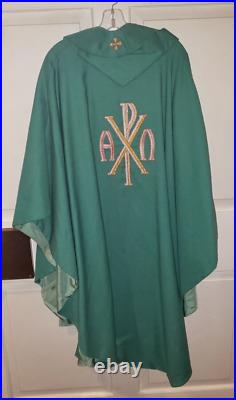 Vintage Priest Vestment Chasuble & Stole Lovely Shade Of Green Chi Rho Beautiful