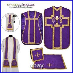 Violet Roman Eucharist Chasuble Fiddleback Vestment 5pcs mass set, Casulla