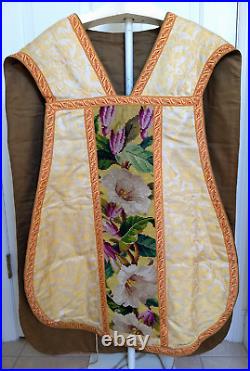 Vtg White & Gold Fiddleback Chasuble Vestment, Colorful Lily Floral Needlepoint