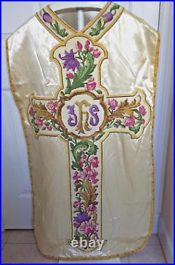 Vtg White Satin Fiddleback Chasuble Vestment, Needlepoint, IHS, Colorful Floral