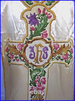 Vtg White Satin Fiddleback Chasuble Vestment, Needlepoint, IHS, Colorful Floral