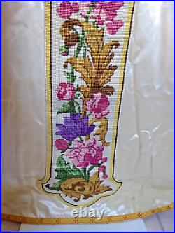 Vtg White Satin Fiddleback Chasuble Vestment, Needlepoint, IHS, Colorful Floral