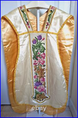 Vtg White Satin Fiddleback Chasuble Vestment, Needlepoint, IHS, Colorful Floral