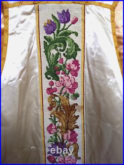 Vtg White Satin Fiddleback Chasuble Vestment, Needlepoint, IHS, Colorful Floral