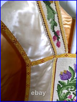 Vtg White Satin Fiddleback Chasuble Vestment, Needlepoint, IHS, Colorful Floral