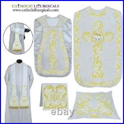 WHITE Roman Chasuble Fiddleback Vestment & 5 piece mass set AGNUS DEI embroidery