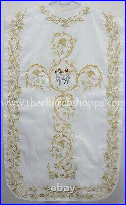 WHITE Roman Chasuble Fiddleback Vestment & 5 piece mass set AGNUS DEI embroidery
